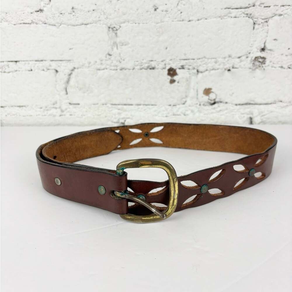 Vintage 90’s Y2K Leather Cutout Patina Brass Buckle Belt